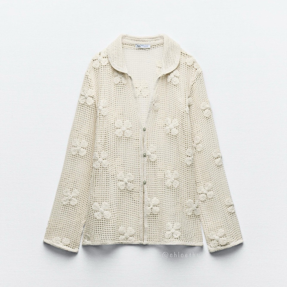 Zara Cream Crochet Open-Knit Buttoned Top and Pant Set - Picture 2 of 13